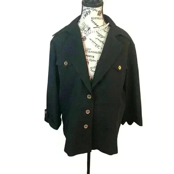 Luciano Dante’ Sz 16 Black Button Front Jacket Gold Buttons 3/4 Sleeve - Picture 1 of 6